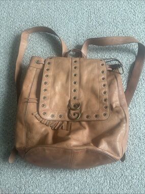 FRYE AND CO. Brown Leather Studded Backpack with Tassel Accent